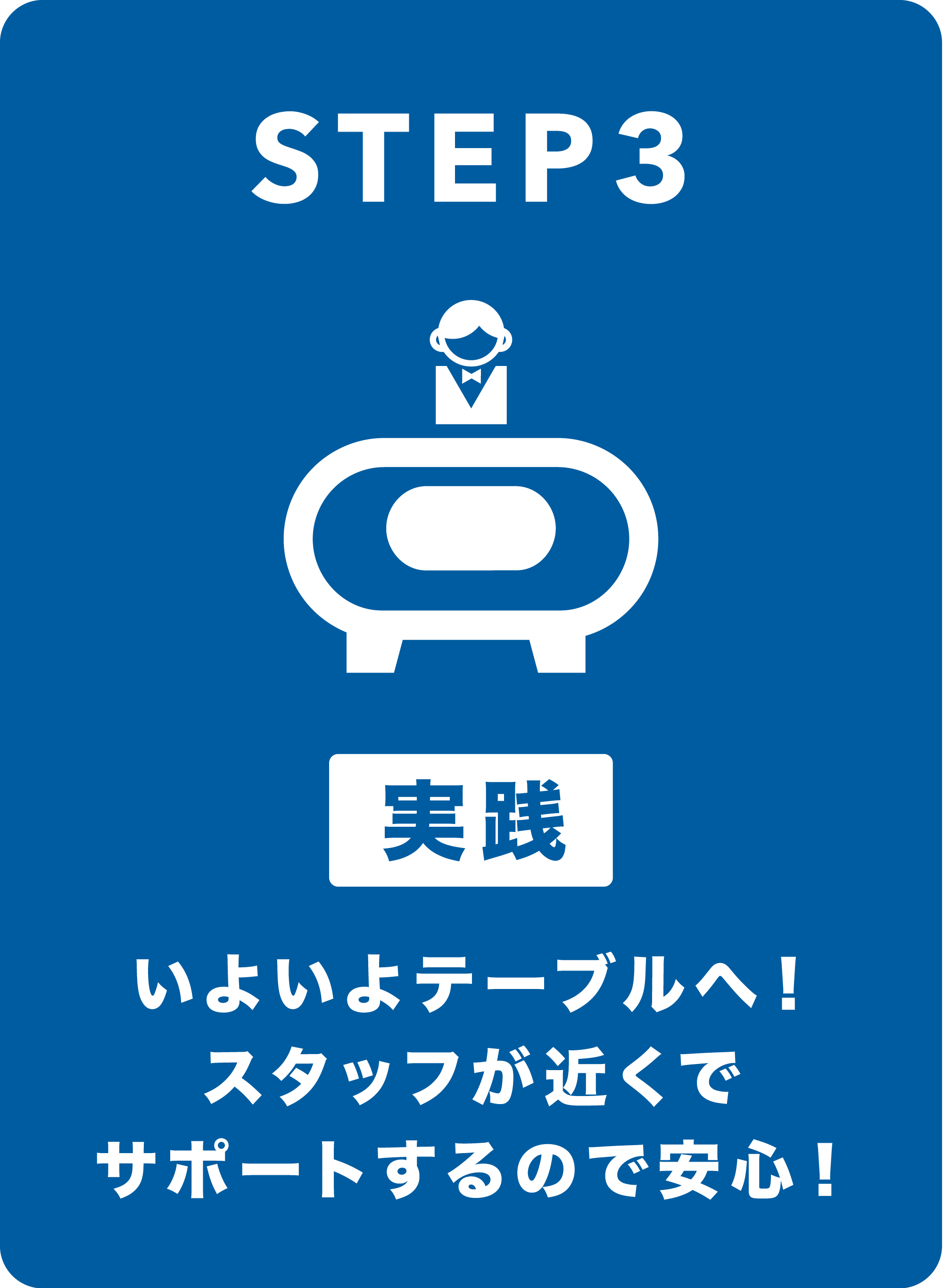 STEP3 実践。いよいよテーブルへ！スタッフが近くでサポートするので安心！